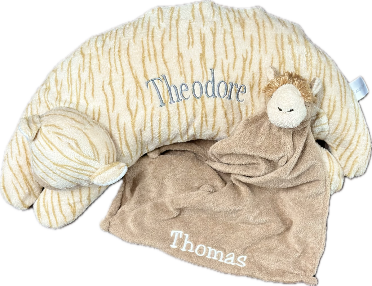 curved animal pillow, newborn gift, personalized embroidered stuffy for baby, tiger, horse lovie