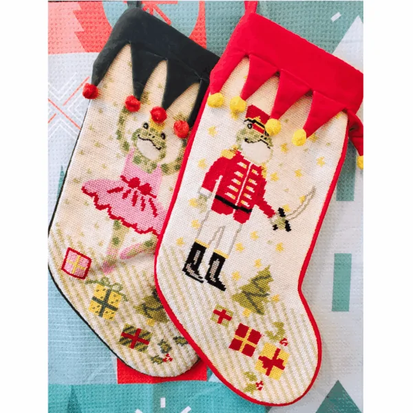 needlepoint frog stocking, nutcracker, ballerina, christmas gift, christmas stocking
