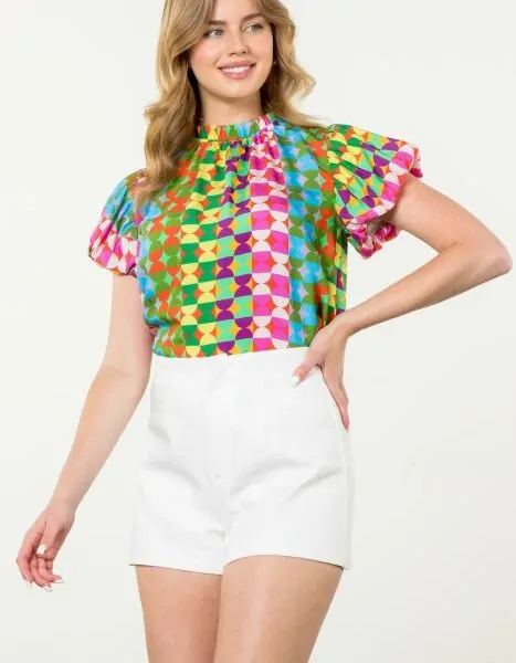 Pop Art Puff Sleeve Multi Color Top