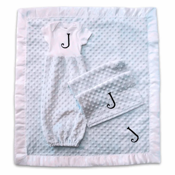 Minky Dot Baby Gift Set, blue blanket, gown and burp cloth set, baby shower, new baby gift