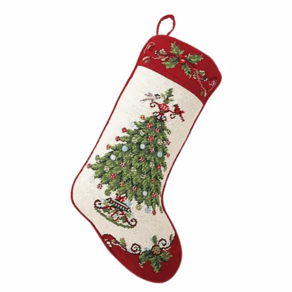 Holly Garden Tree Needlepoint Holiday Stocking