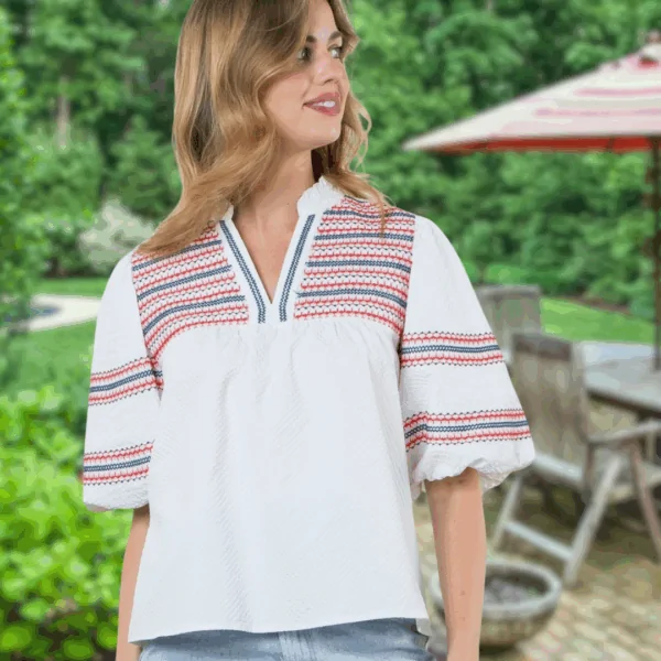 4th of July Puff Sleeve Top, summer embroidered top