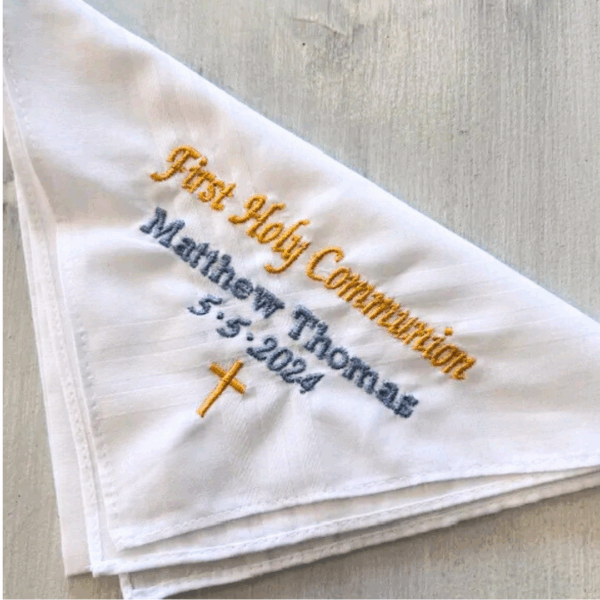 embroidered first communion handkerchief, gift for boy. communion keepsake, high quality embroidery, Christian gift
