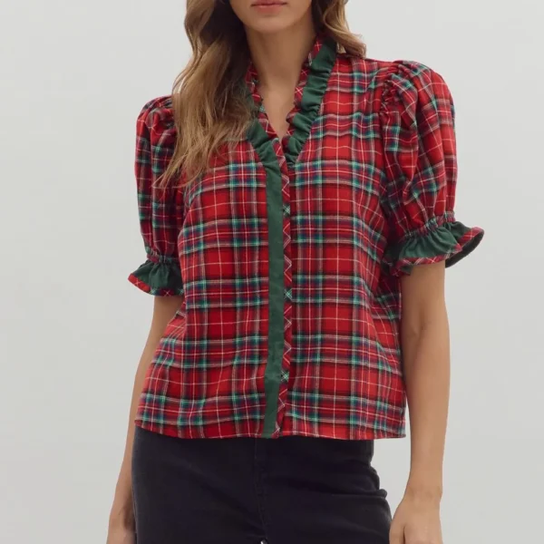 Holiday Heart Plaid Top with Ruffle Red