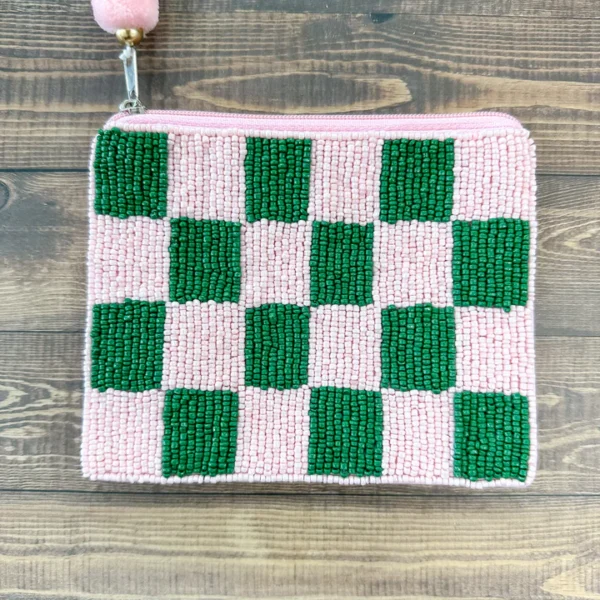 Pink and Green Checkered Beaded Coin Purse