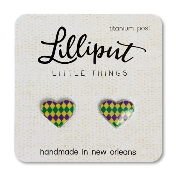 Mardi Gras Checkered Heart Earrings